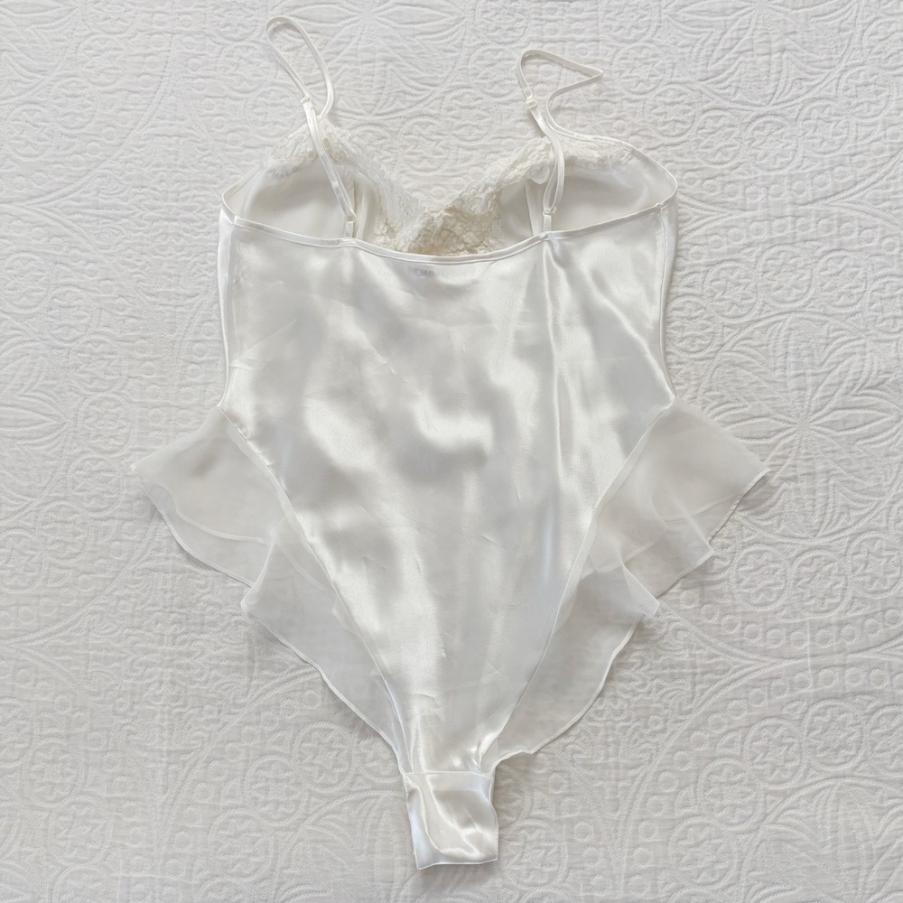 Victoria's Secret Vintage Sequin-Embellished Satin Teddy Bodysuit, Ivory White - Picture 2 of 5